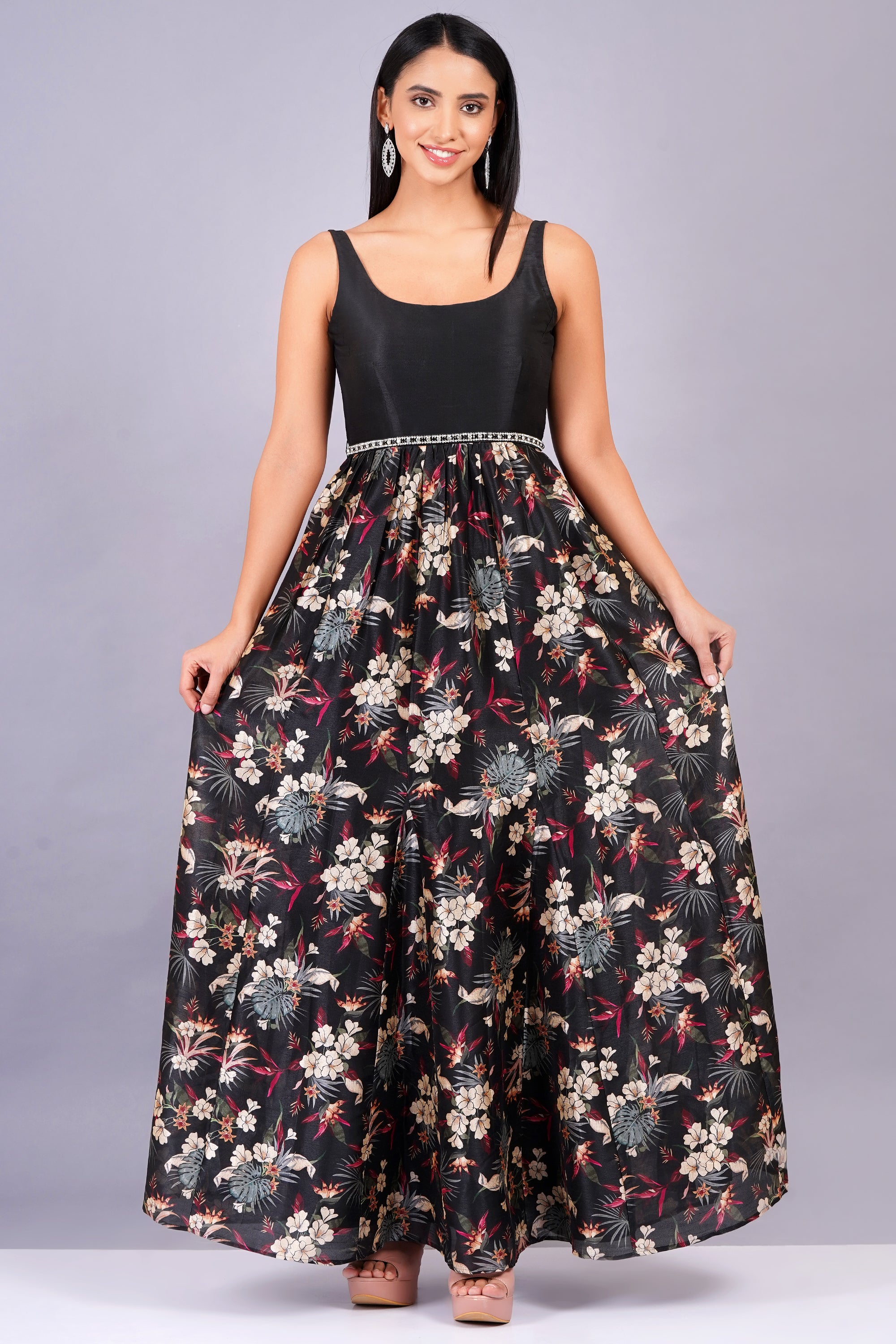 PRINTED BLACK SILK GOWN