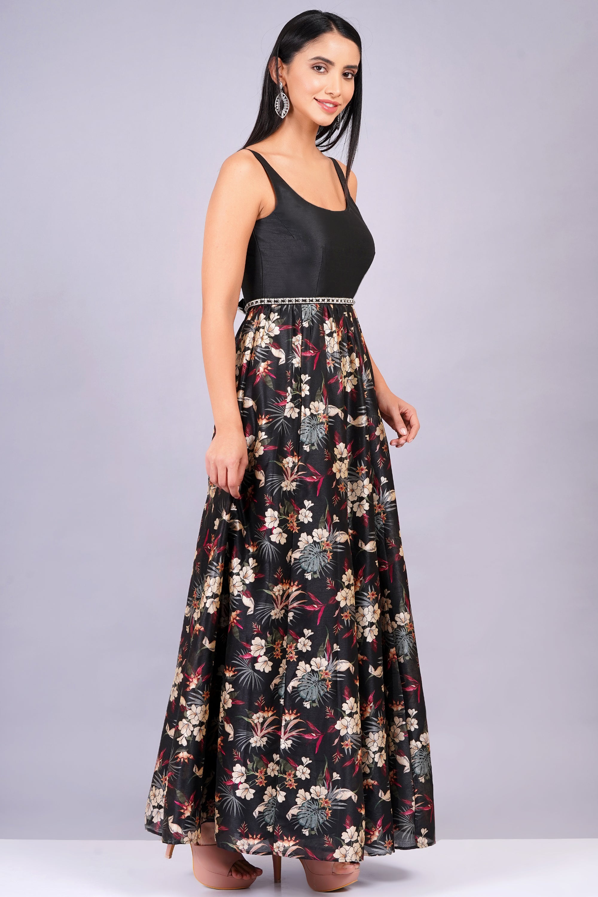 PRINTED BLACK SILK GOWN