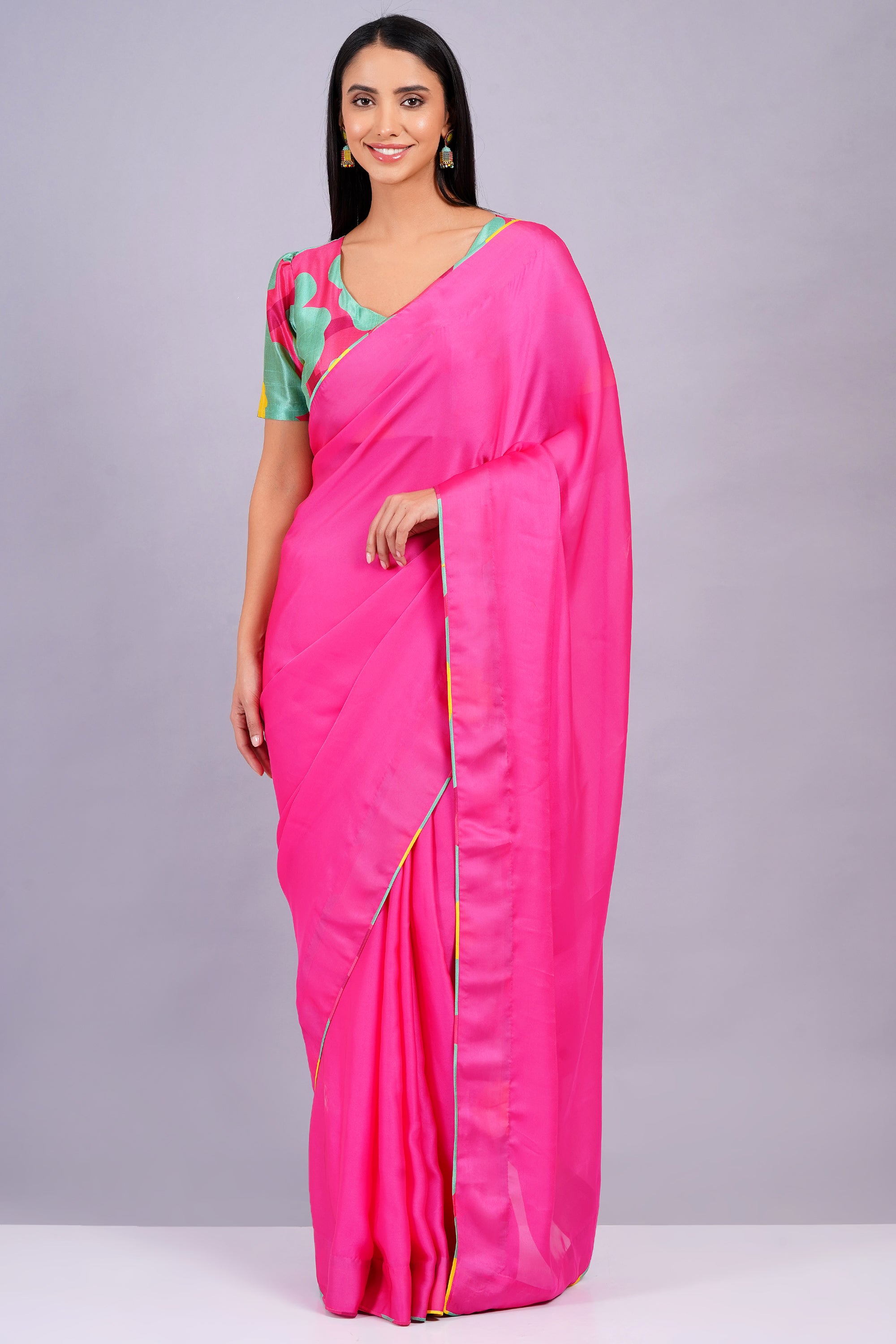 DEEP PINK SAREE WITH MULTICOLOR  STITCHED BLOUSE