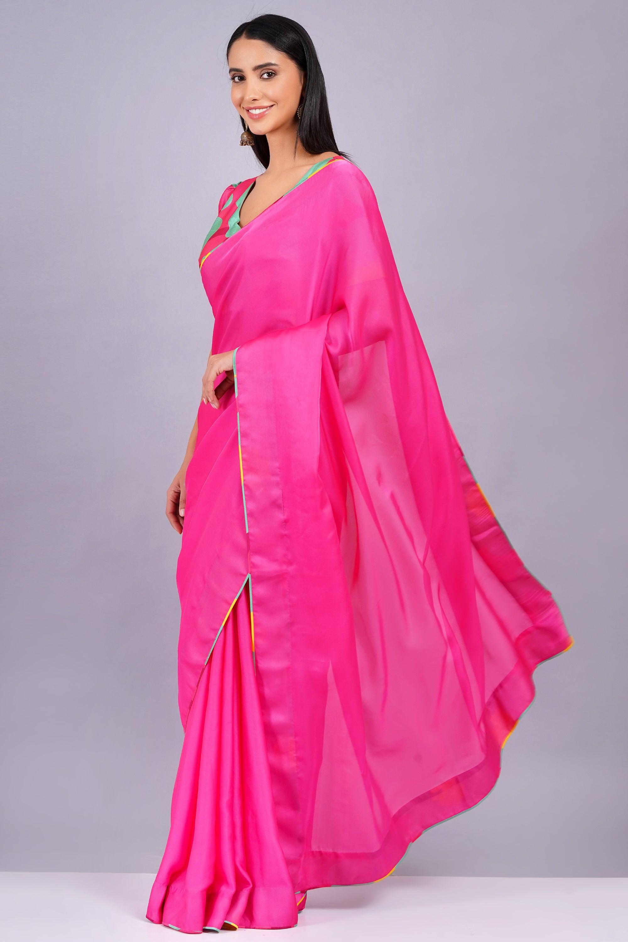 DEEP PINK SAREE WITH MULTICOLOR  STITCHED BLOUSE