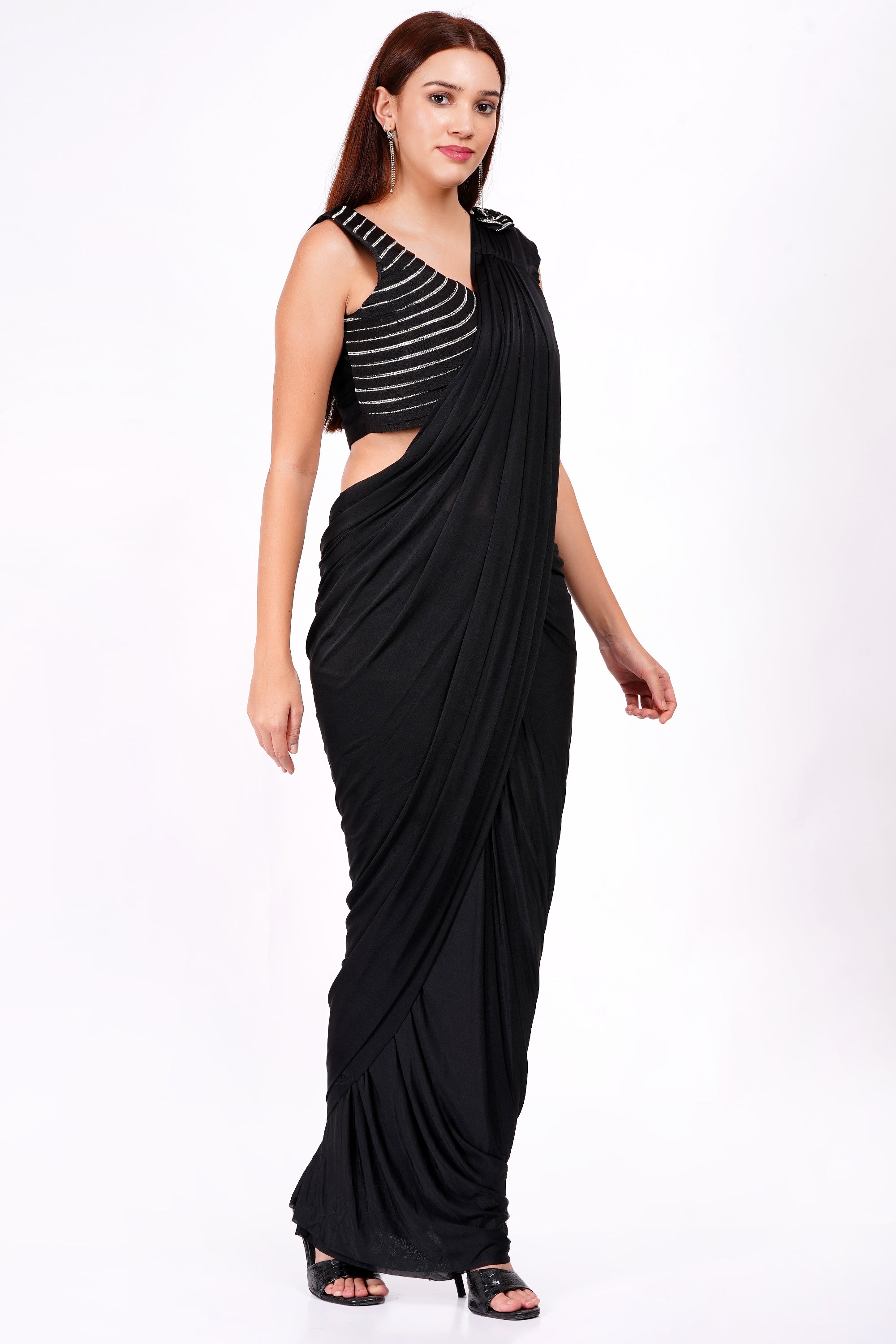 WOMEN BLACK  DRAPE SAREE