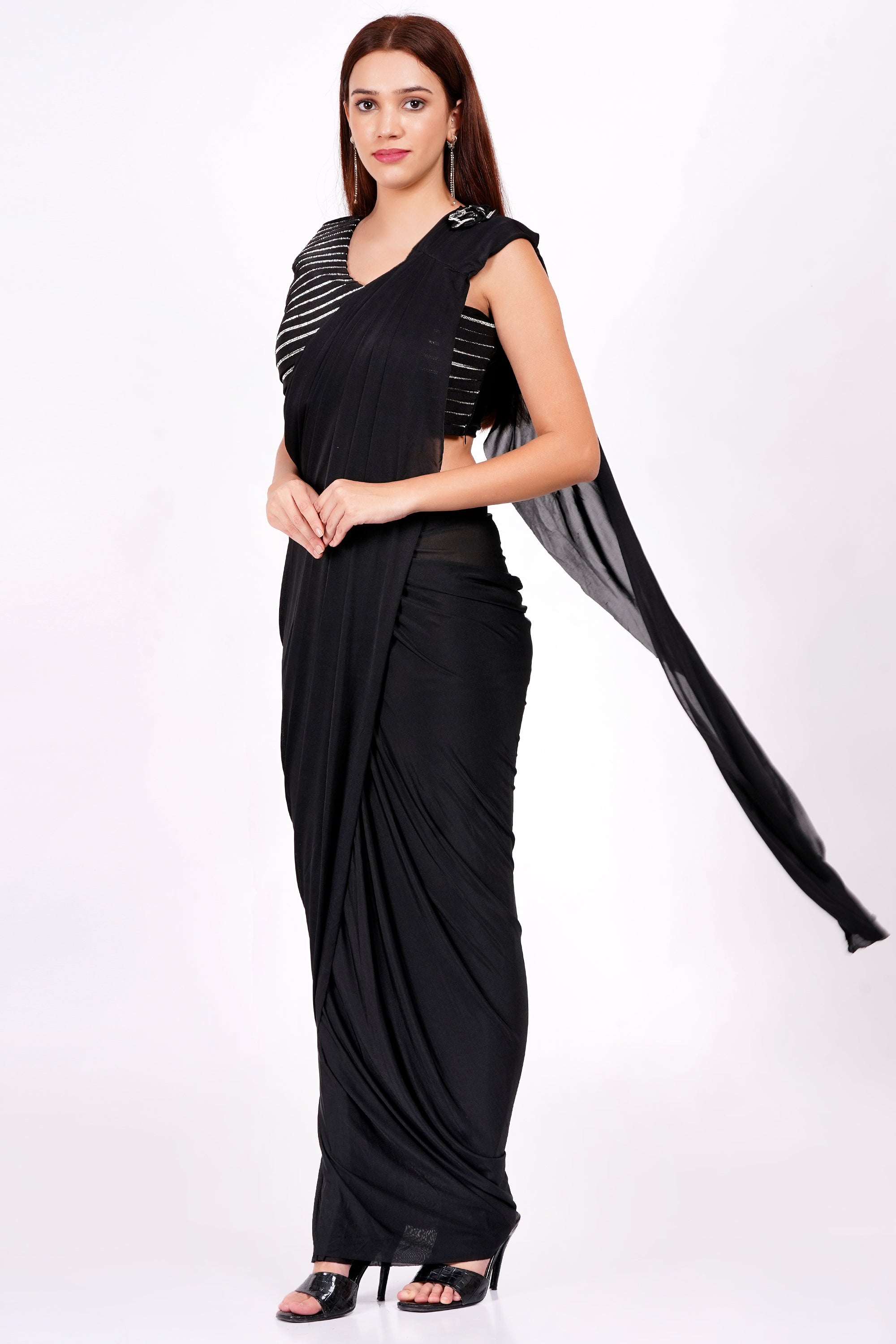 WOMEN BLACK  DRAPE SAREE